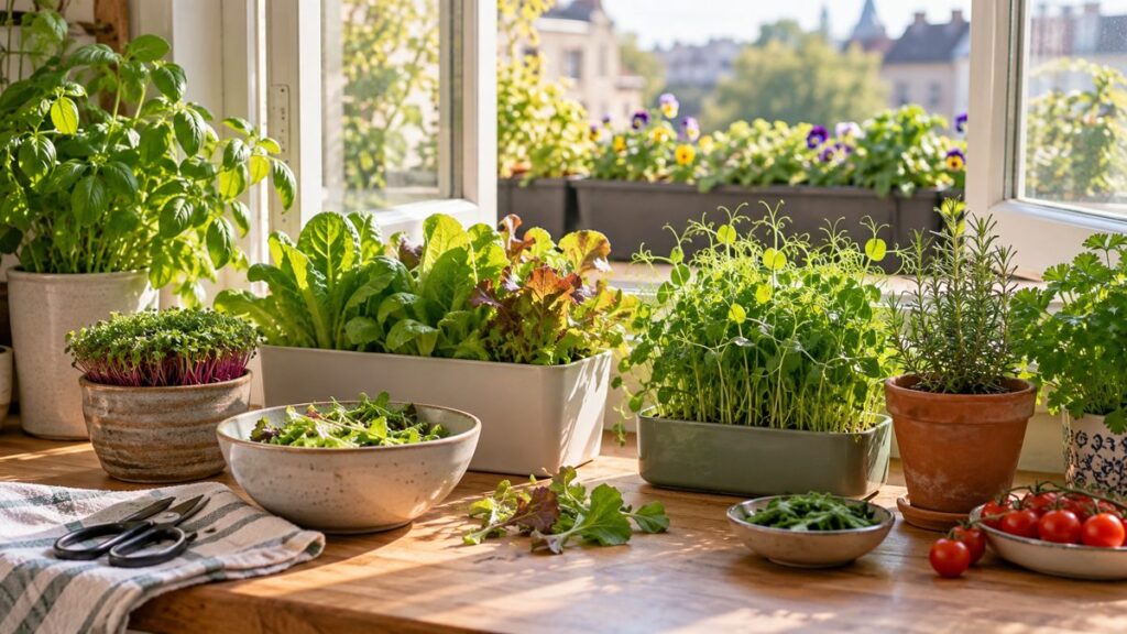 Windowsill vegetable garden with leafy greens, microgreens, pea shoots and herbs growing indoors beside a window box.