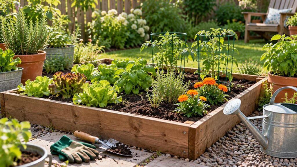Beginner garden with young vegetables, herbs and flowers in a raised bed, with a watering can and hand tools