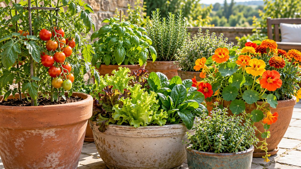 Container gardening: vegetables, herbs and flowers growing in pots on a sunny patio