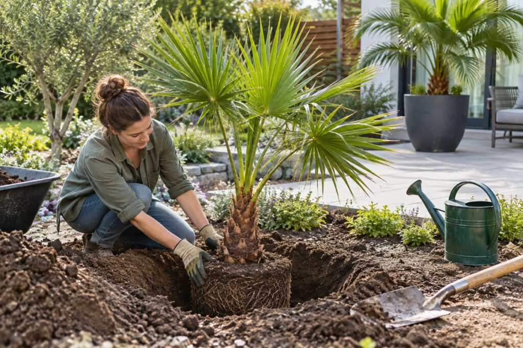 Gardener positioning a young fan palm in a planting hole beside a patio