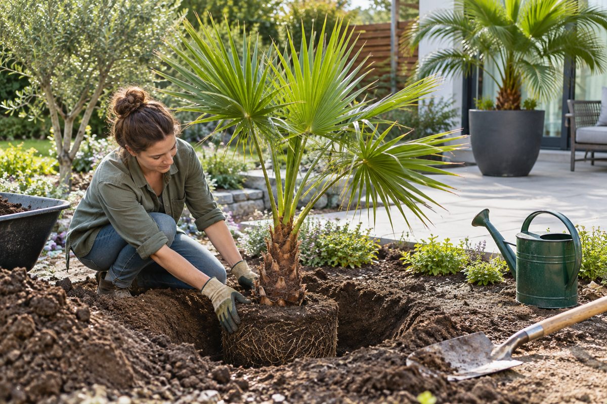 How to plant a palm tree: a young palm tree being planted in a sunny garden next to a patio
