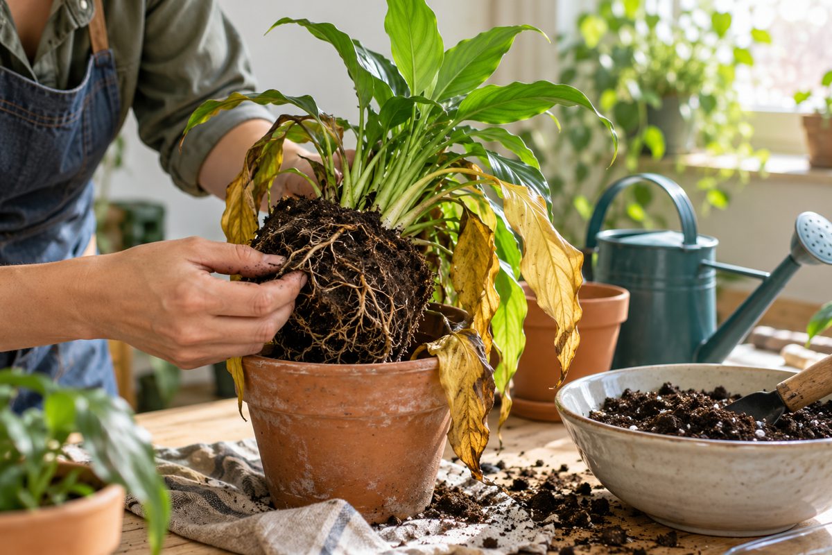 How to save a dying plant: a gardener checking the roots of a wilting potted plant on a patio table