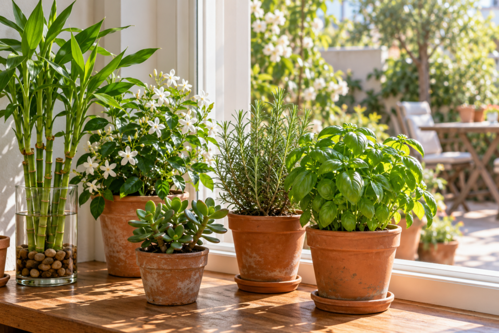 Plants that bring positive energy: lucky bamboo, jasmine, rosemary, basil and jade plants by a sunny patio door