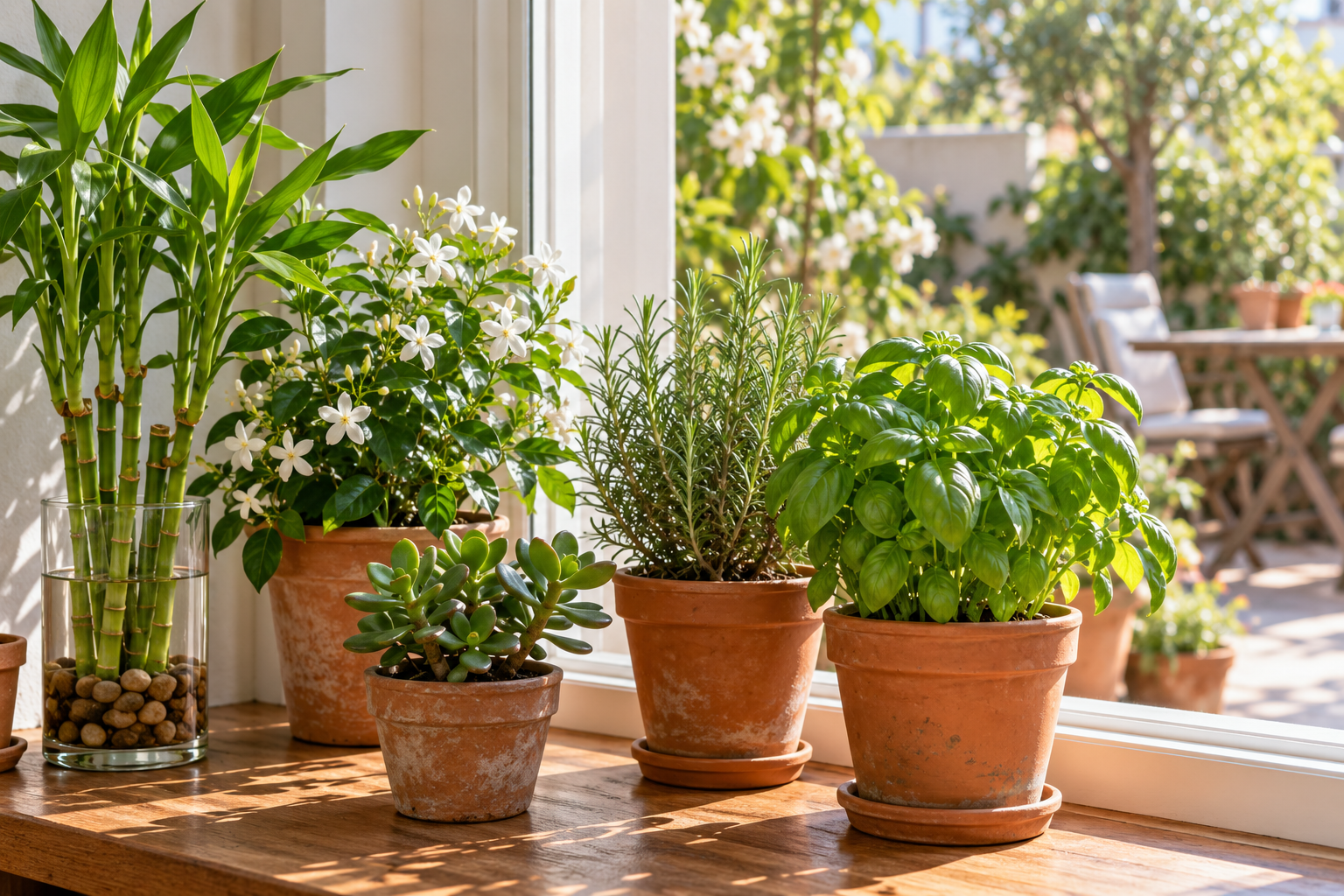 Plants that bring positive energy: lucky bamboo, jasmine and herbs in pots on a bright windowsill next to a patio door