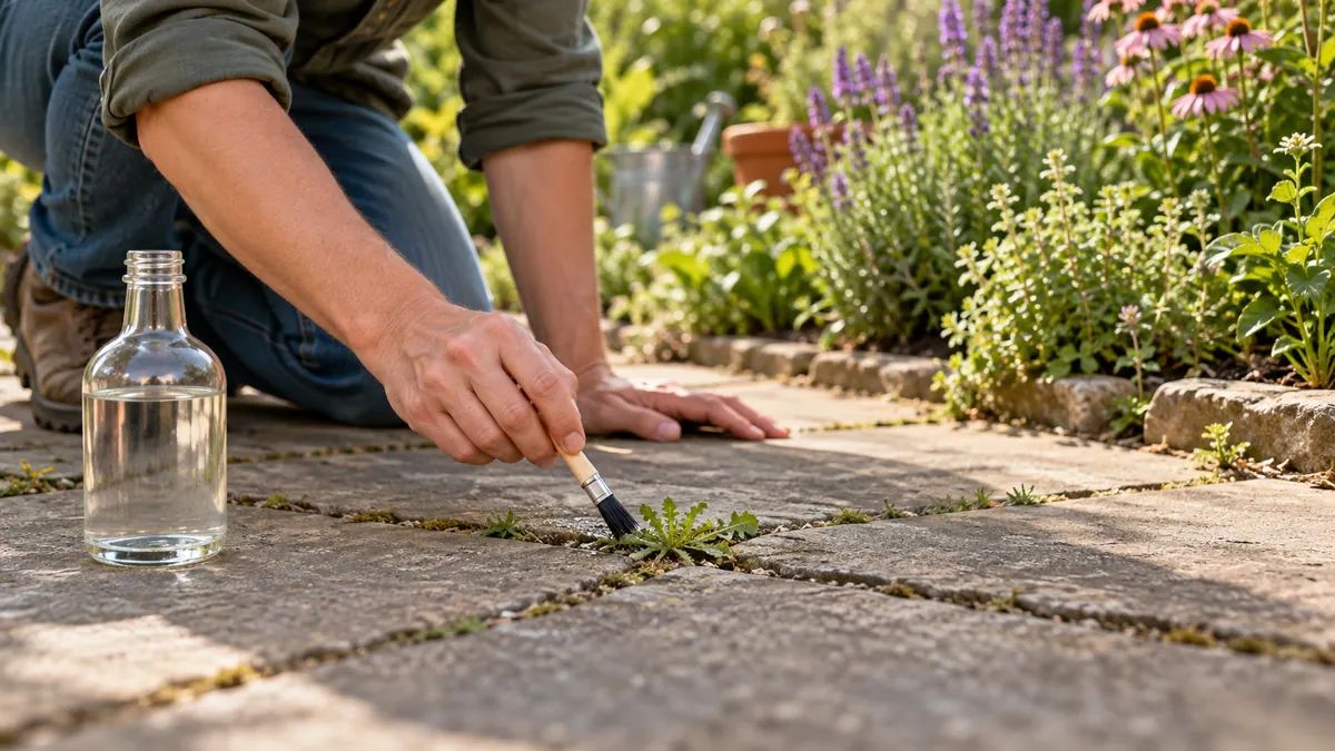 Vinegar in the garden: spraying vinegar weed killer on weeds between patio pavers