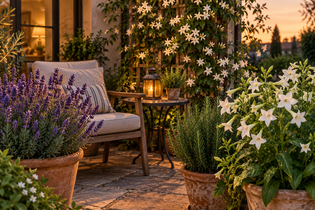 Fragrant plants for a patio: lavender, jasmine, flowering tobacco and rosemary around an evening seating area