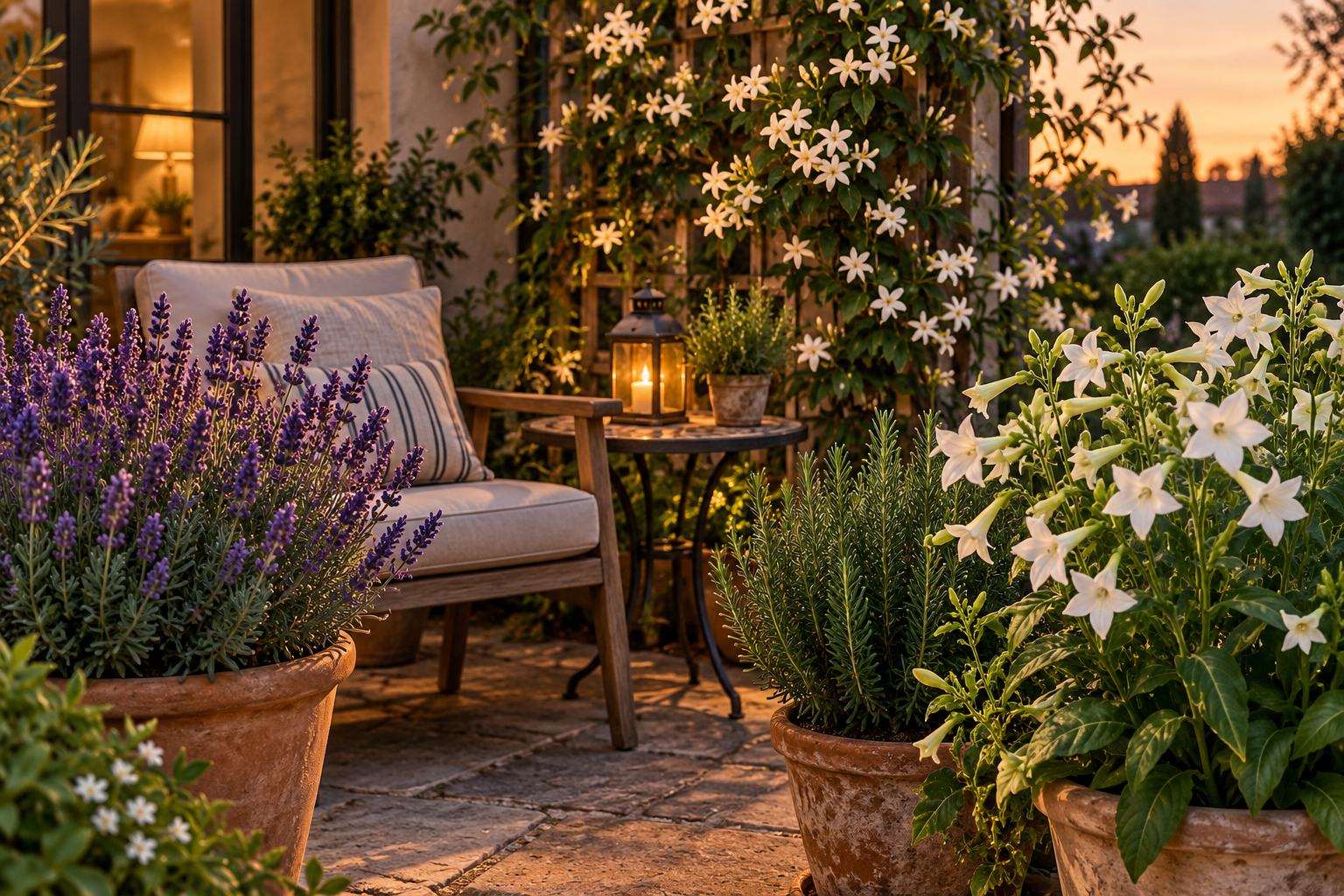 Fragrant plants: lavender, jasmine and flowering tobacco in containers around a cozy patio seating area at dusk
