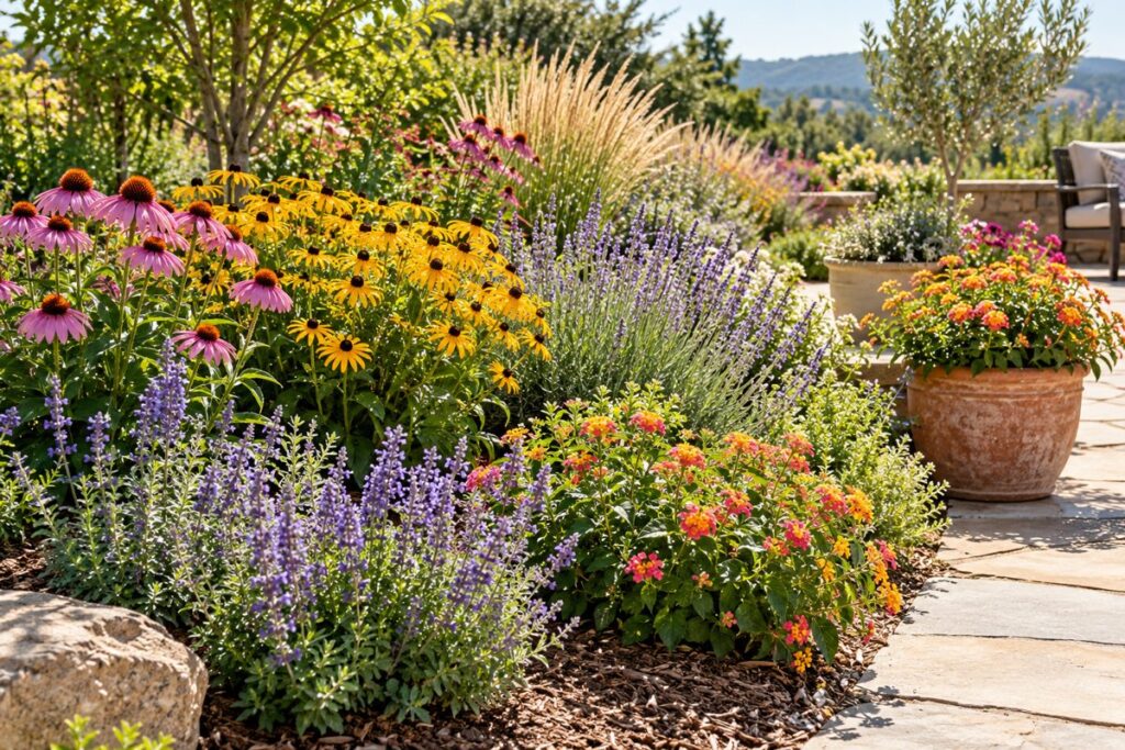 Heat tolerant coneflowers, black-eyed Susans, salvia and lantana in a sunny garden and patio containers