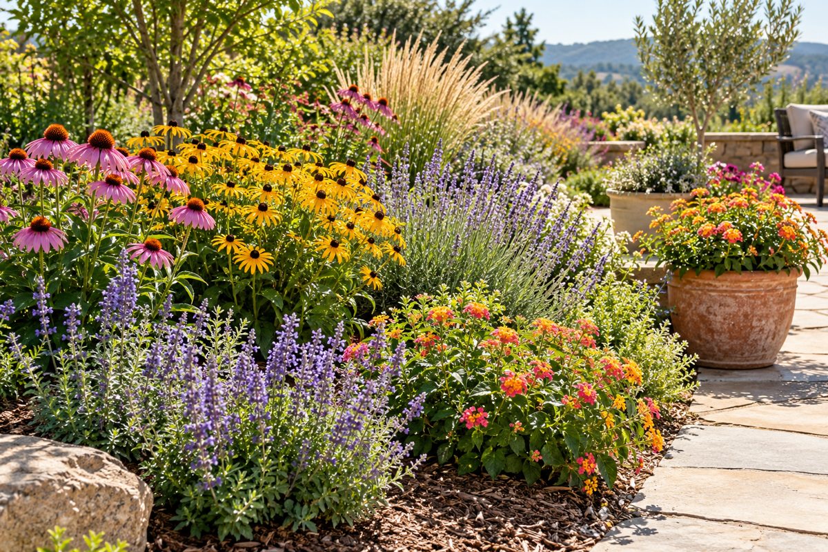 Full sun plants: lantana, zinnias and ornamental grasses in containers on a hot, sunny patio