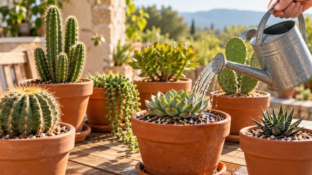 Watering the soil of a potted succulent among cacti and succulents in terracotta pots