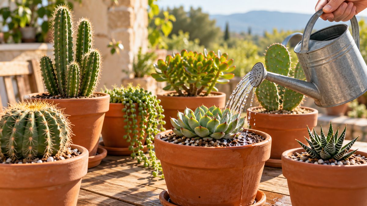 How to water cacti and succulents: watering a pot of succulents and cacti on a sunny patio table