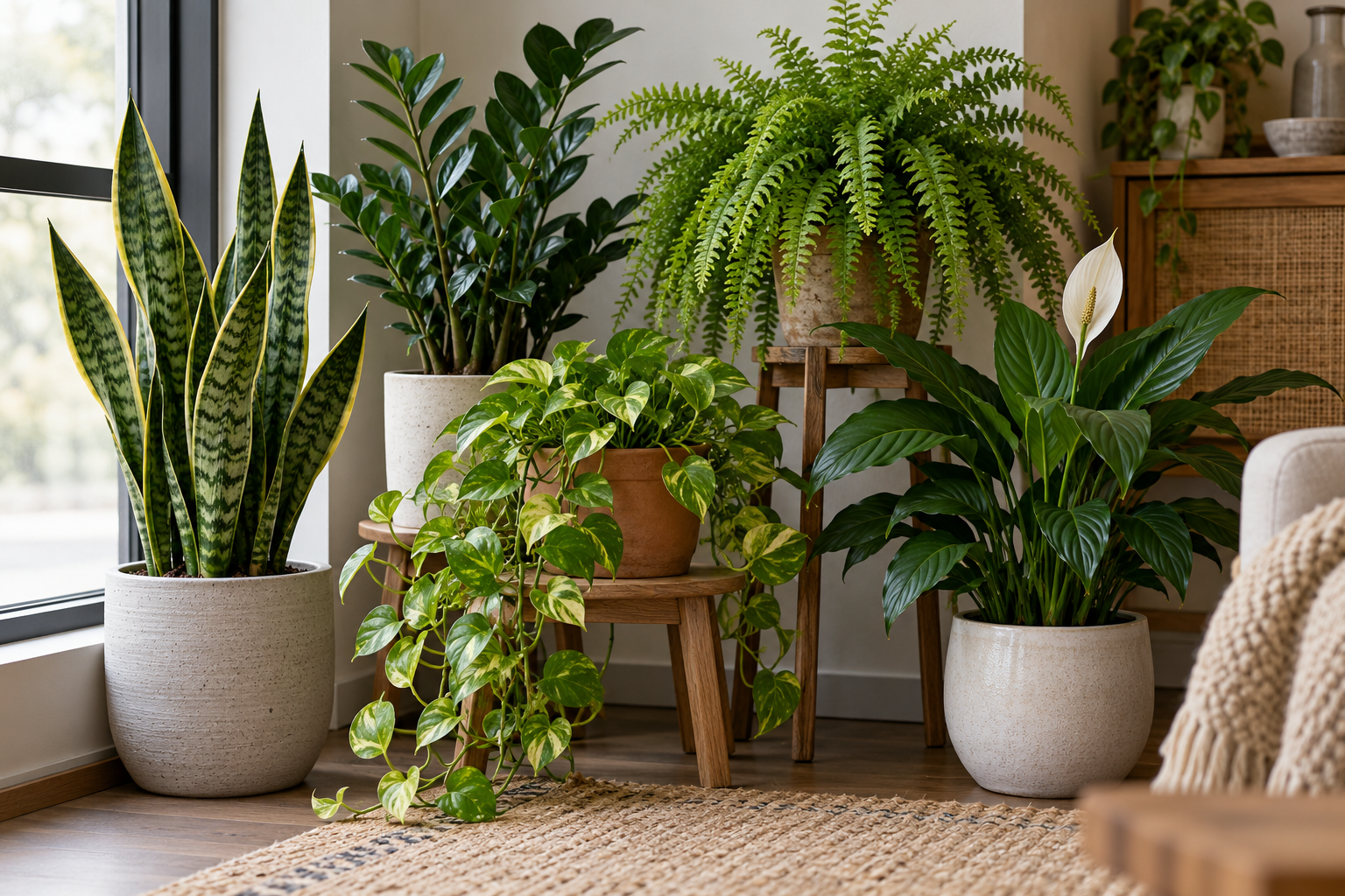 Plants that don't need sun: snake plant, pothos and a peace lily in a dim living room next to a shaded porch with ferns