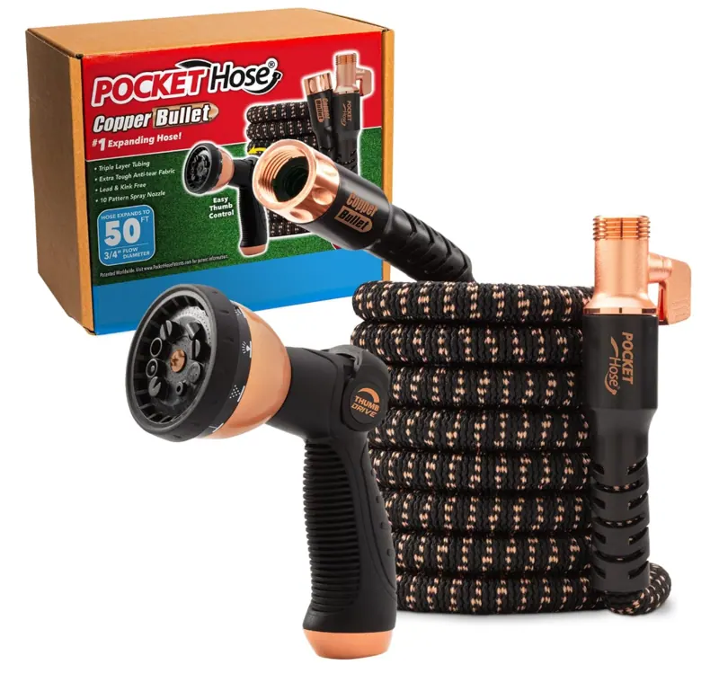 Pocket Hose Copper Bullet 50 ft expandable garden hose with thumb-control spray nozzle