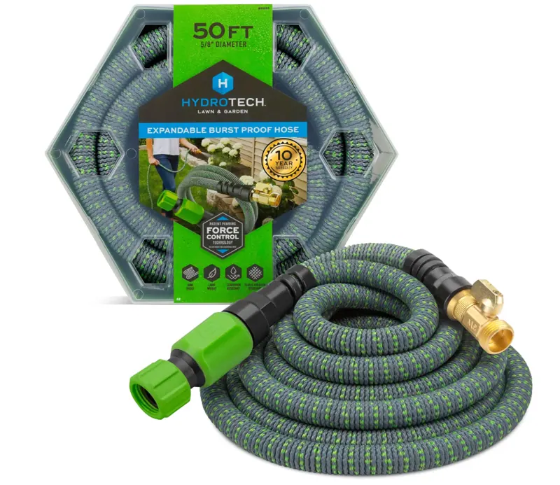 HydroTech 50 ft expandable garden hose with packaging and flow-control valve; spray nozzle not included