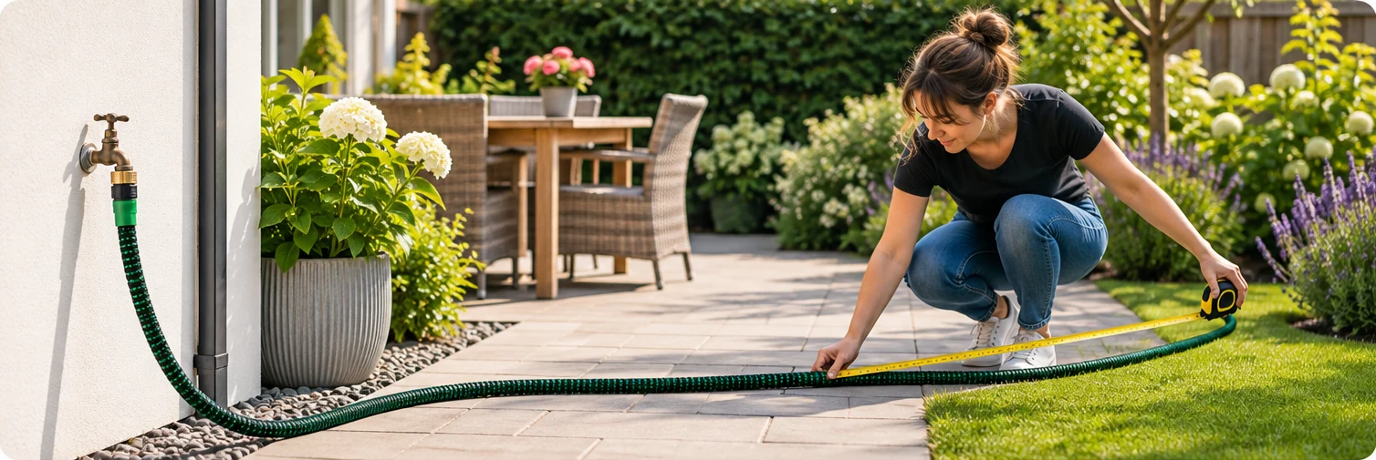 Woman measuring a garden hose route with a tape measure along a patio