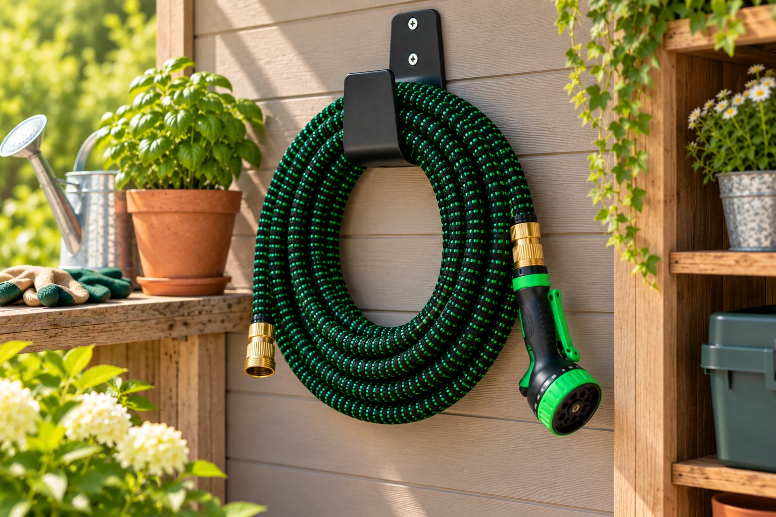 Expandable garden hose stored on a wall bracket, with a spray nozzle attached to the brass fitting on the right