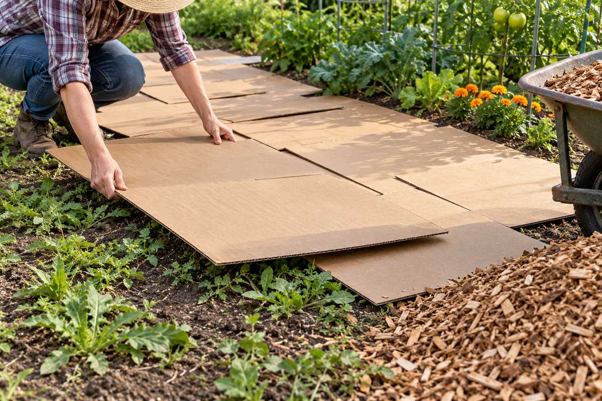 Get rid of weeds naturally with cardboard sheet mulching before adding mulch