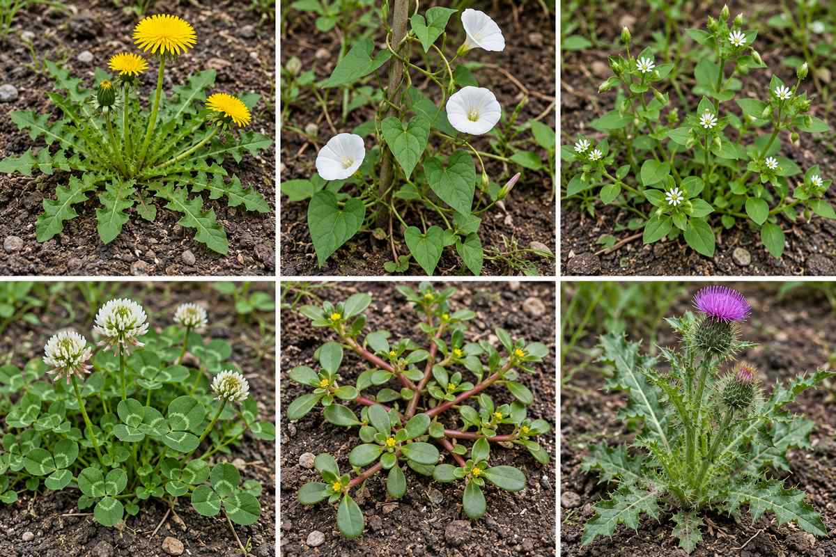 Common garden weeds to identify: dandelion, bindweed, chickweed, clover, purslane and thistle