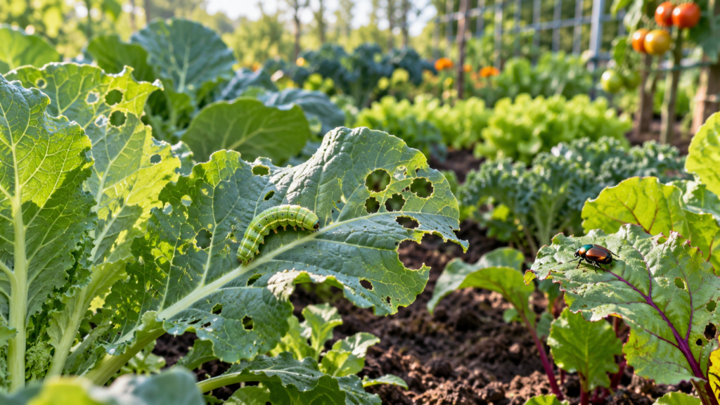 Garden insects on vegetable leaves: caterpillar and beetle near leaf damage