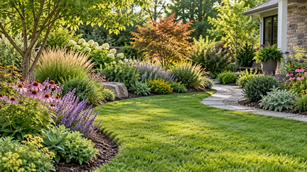 Low-maintenance garden with a small lawn, mulched borders, flowering perennials and ornamental grasses