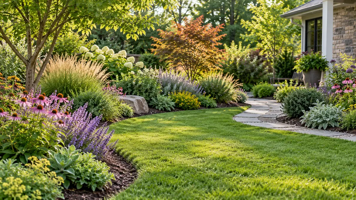 Low-maintenance garden with a small lawn, mulched borders, flowering perennials and ornamental grasses