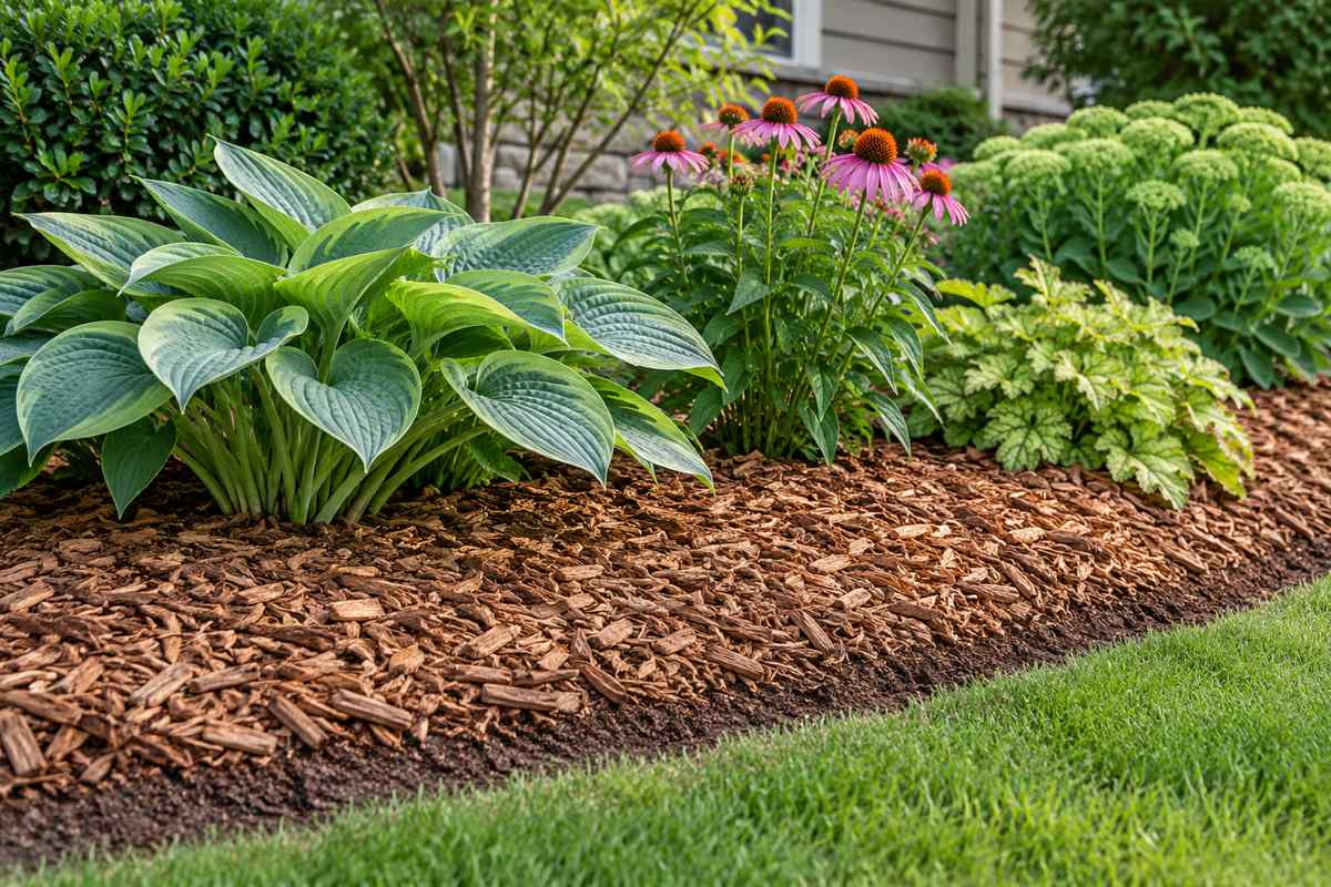 Mulch to prevent weeds in garden beds: a 3-inch layer of wood chips around plants