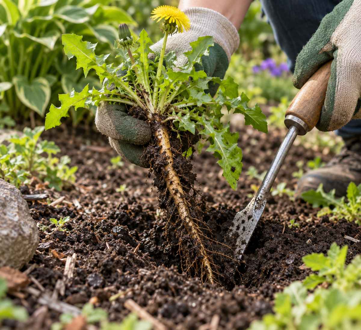 How to get rid of weeds by hand: removing a dandelion taproot with a weeder