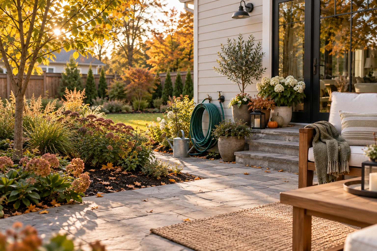 Autumn garden and patio with golden foliage, potted plants and a wall-mounted garden hose.