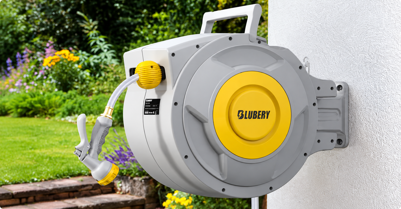 BLUBERY retractable garden hose reel mounted on an outdoor wall