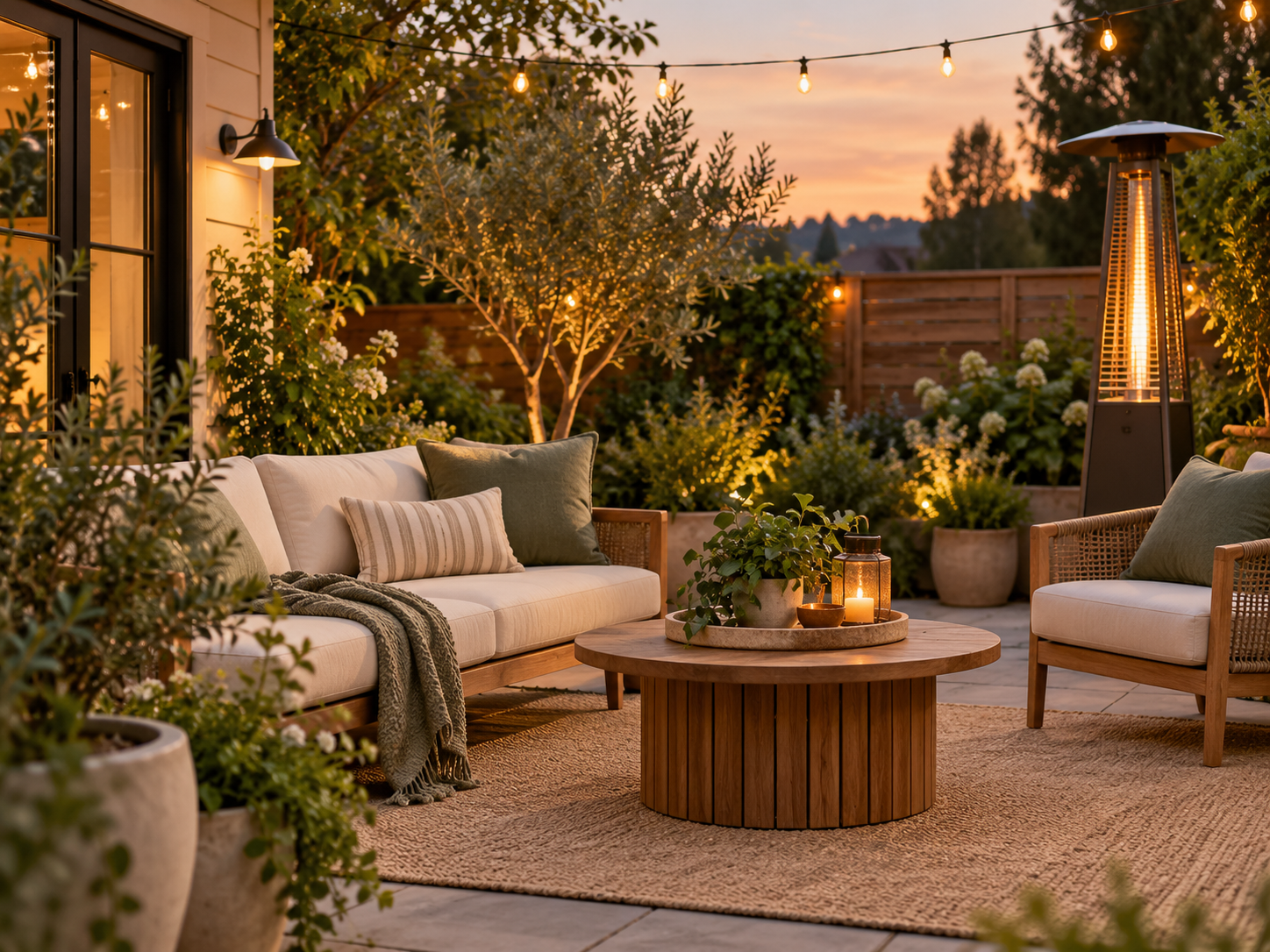 Cozy garden patio with outdoor seating, string lights and greenery at dusk