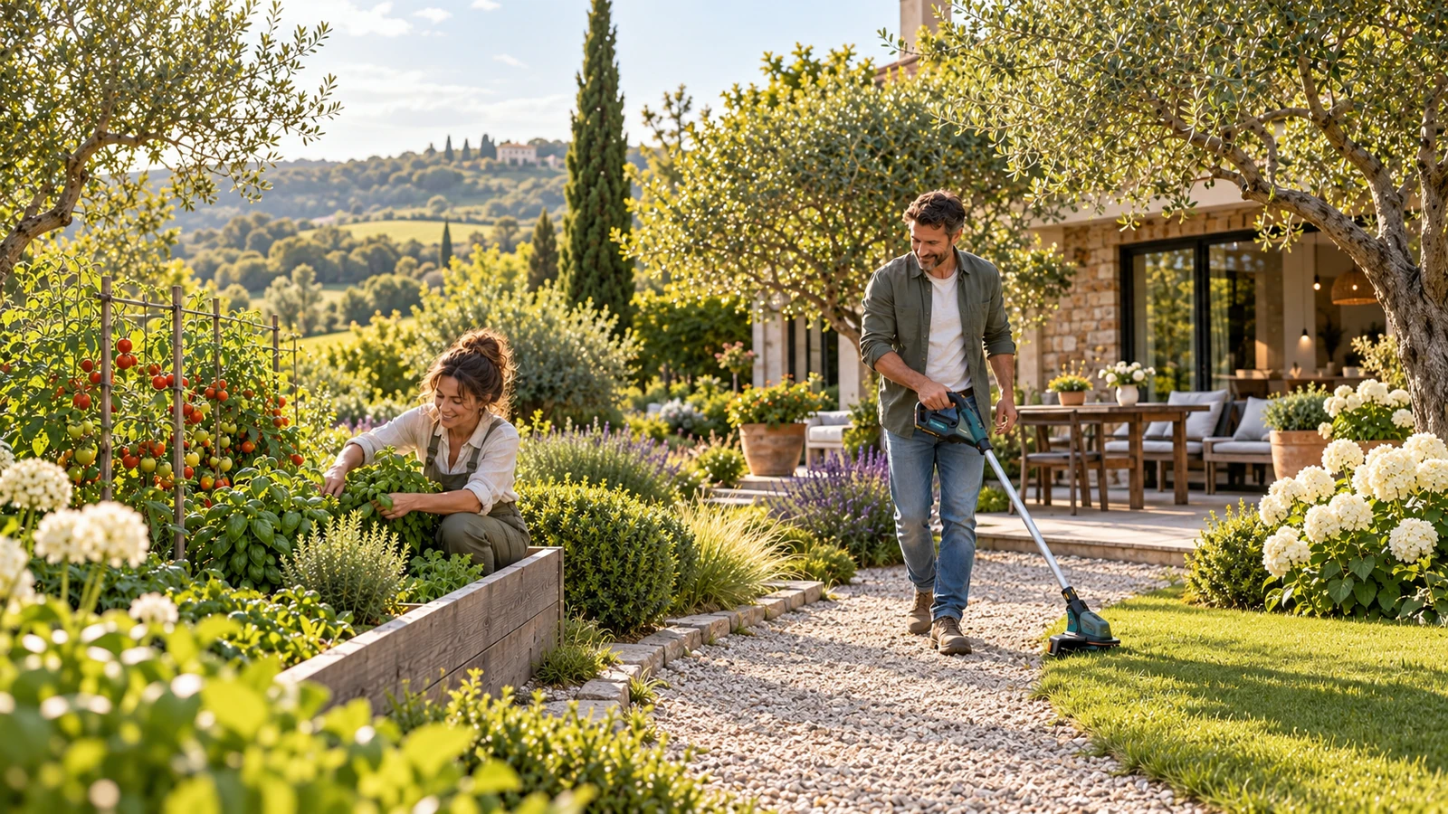 Woman tending a raised vegetable bed while a man trims the lawn beside a garden patio.
