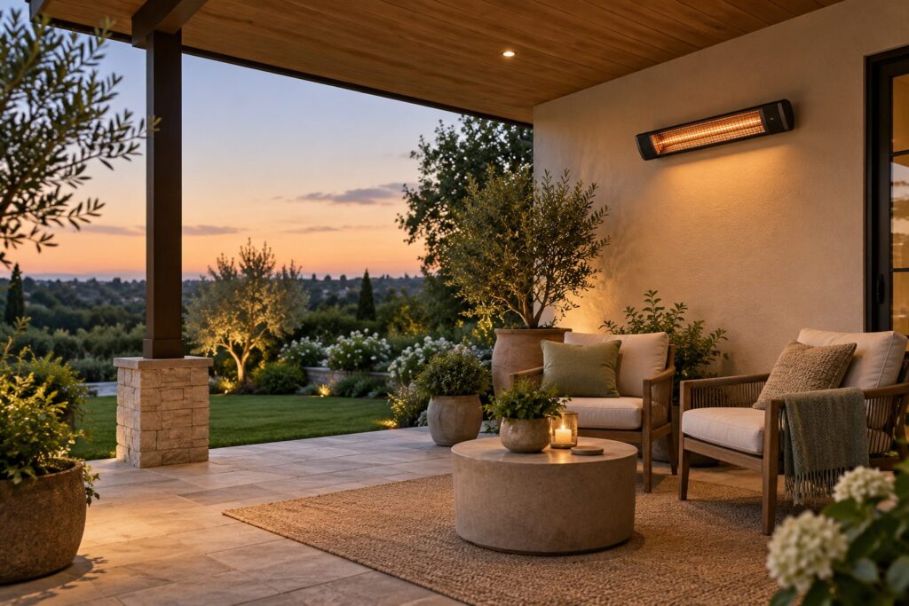 Electric patio heater on an open-sided covered patio with outdoor seating