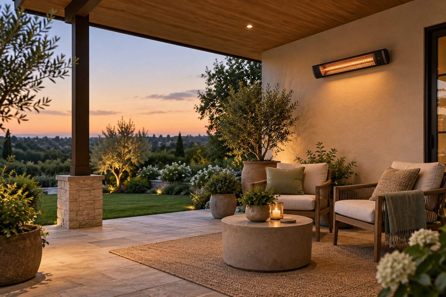 Patio heater under a covered patio: electric patio heater on an open-sided covered patio with outdoor seating