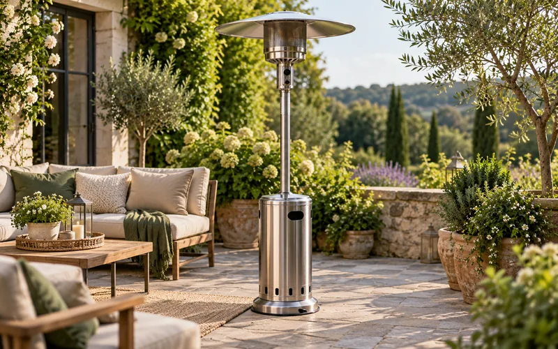 Freestanding stainless steel patio heater beside comfortable garden seating.