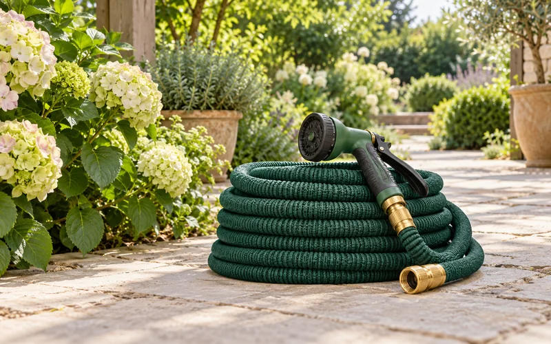 Coiled green expandable garden hose with brass fittings and a spray nozzle on a garden patio.