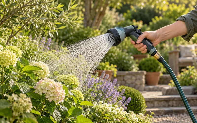 Hand holding a garden hose nozzle spraying a gentle shower over garden plants.