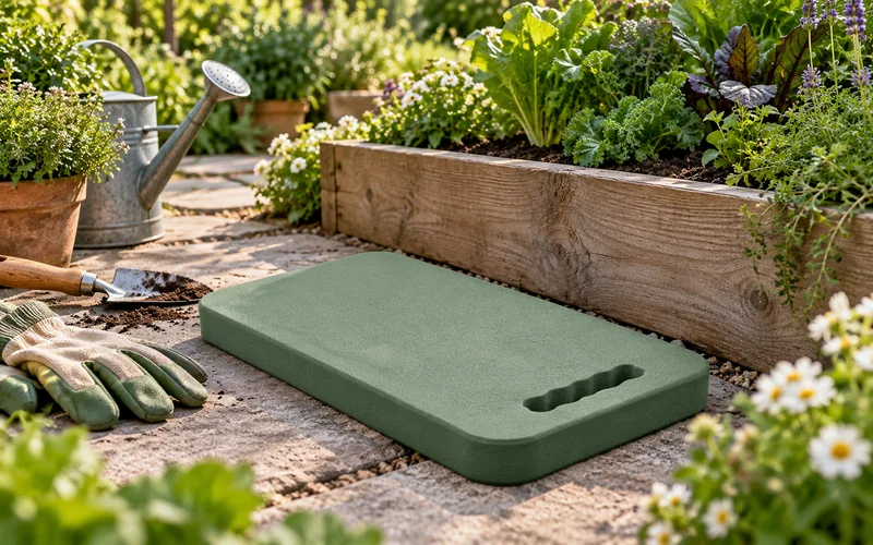 Green foam gardening kneeling pad beside a raised garden bed.