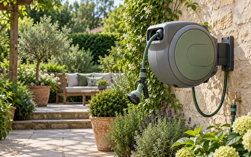 Grey retractable garden hose reel mounted on a wall beside a planted patio.