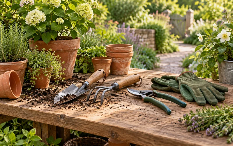 Hand gardening tools and gloves arranged on a potting bench with terracotta pots.