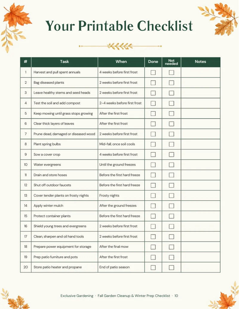 Printable checklist with 20 fall garden tasks, timing, checkboxes and space for notes
