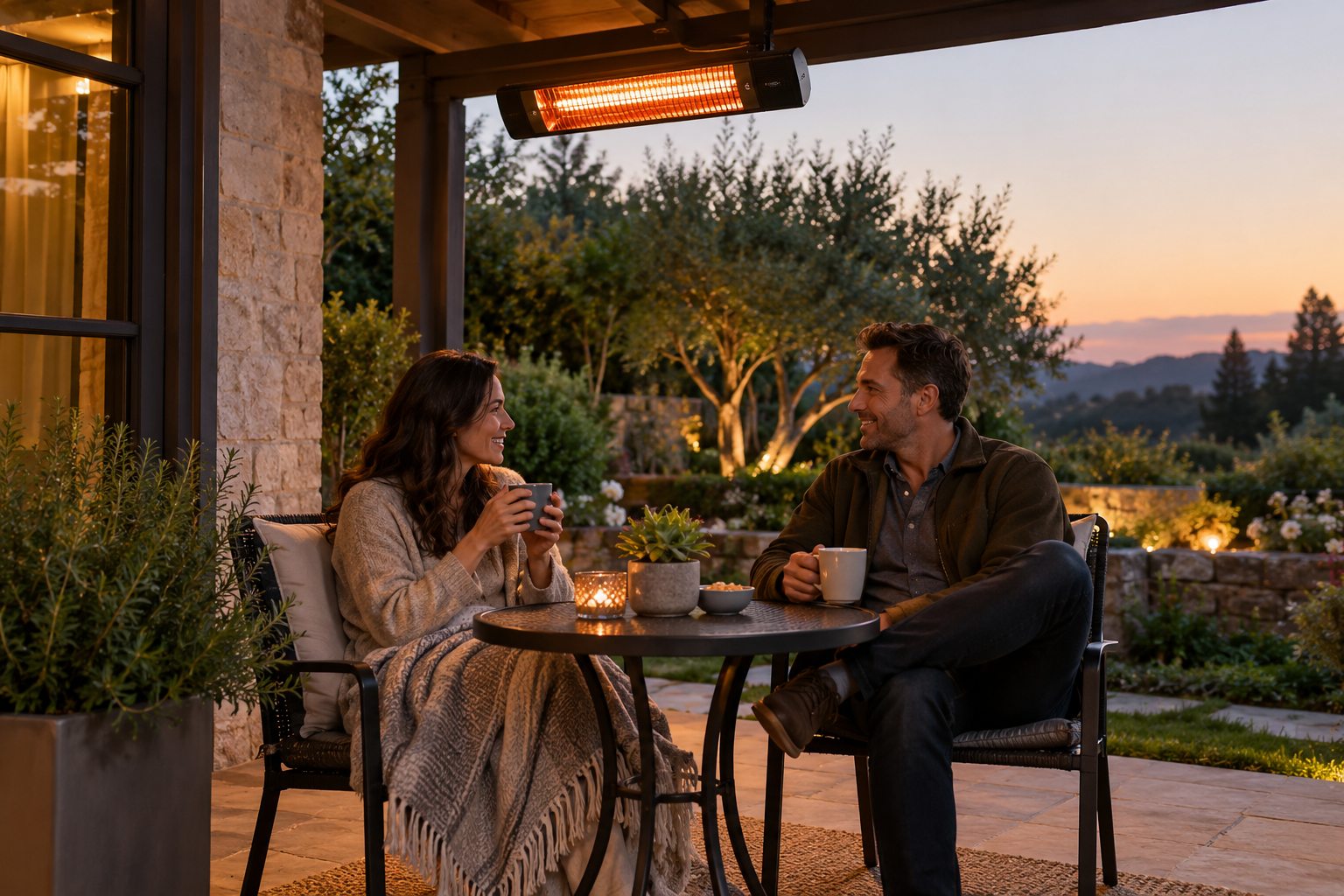 Two people at a small patio table beneath a mounted electric heater