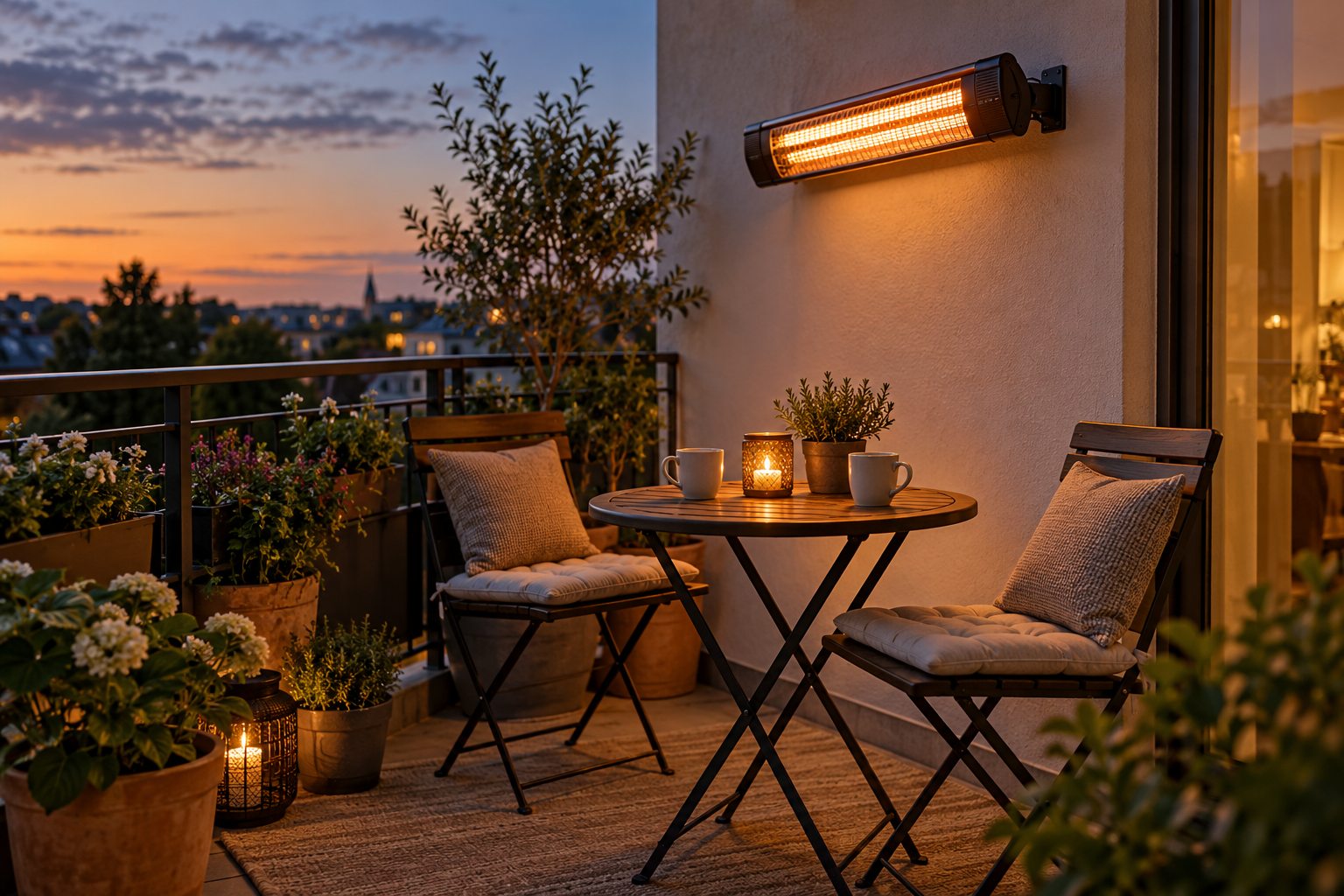 Wall-mounted electric patio heater above a two-person balcony seating area