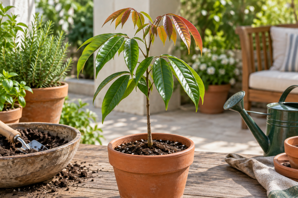 Young lychee seedling grown from seed in a terracotta pot, showing glossy leaves and reddish new growth