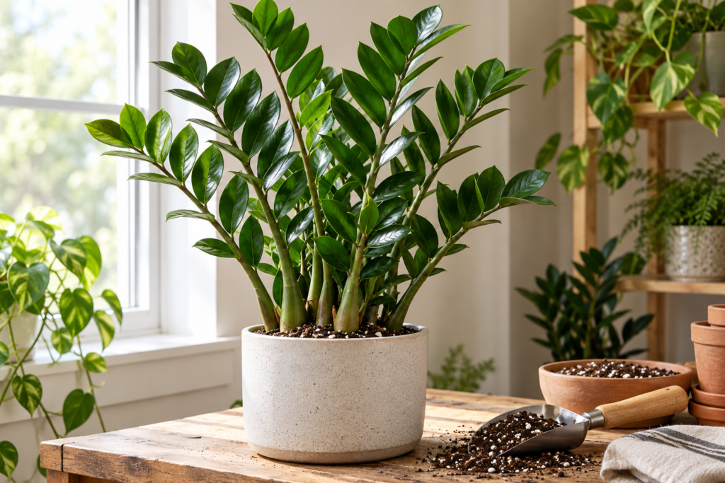 ZZ plant with glossy dark green leaves in a ceramic pot beside a window and well-draining potting mix