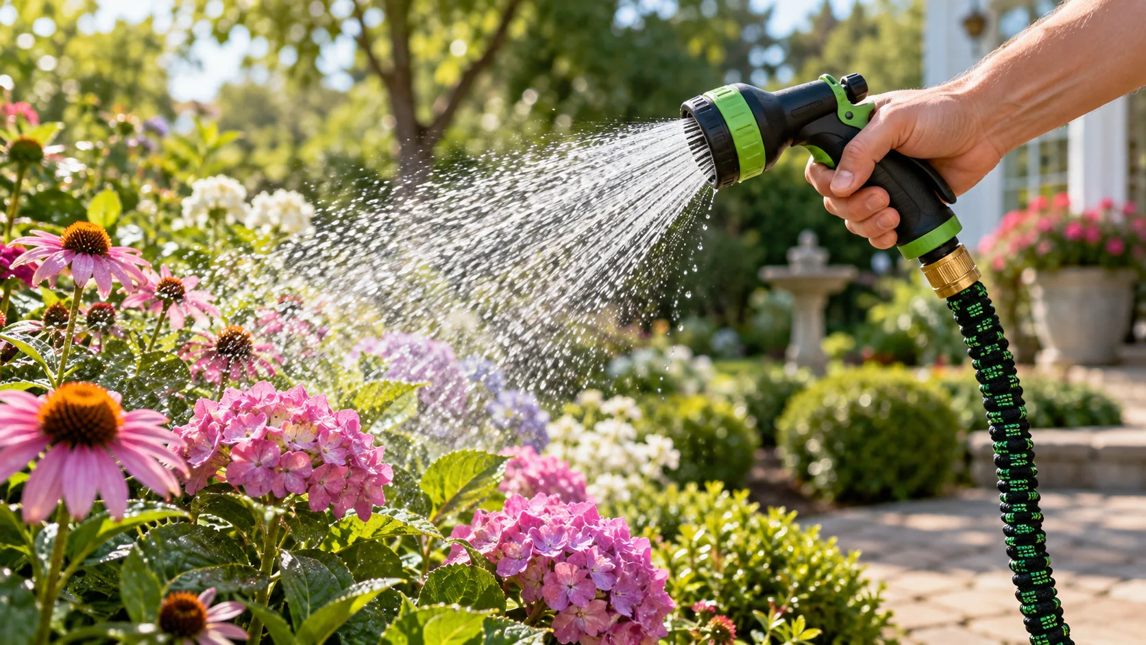 Hand spraying flowering plants with an expandable garden hose