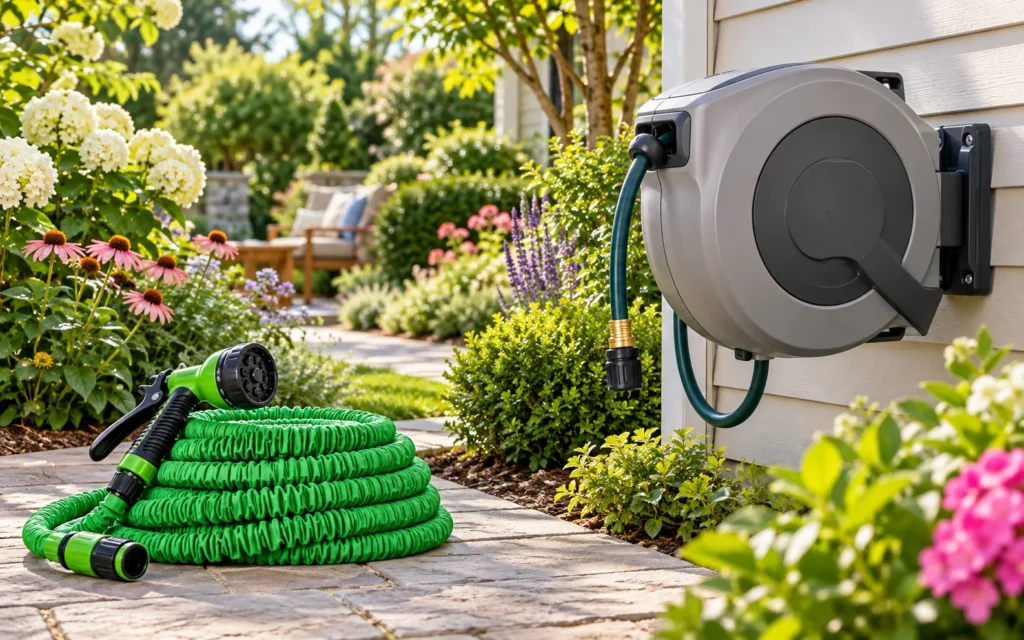Expandable vs retractable hose: expandable garden hose next to a wall-mounted retractable hose reel