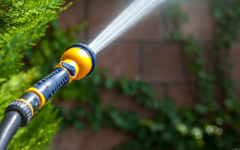 Garden hose nozzle spraying water in a garden.