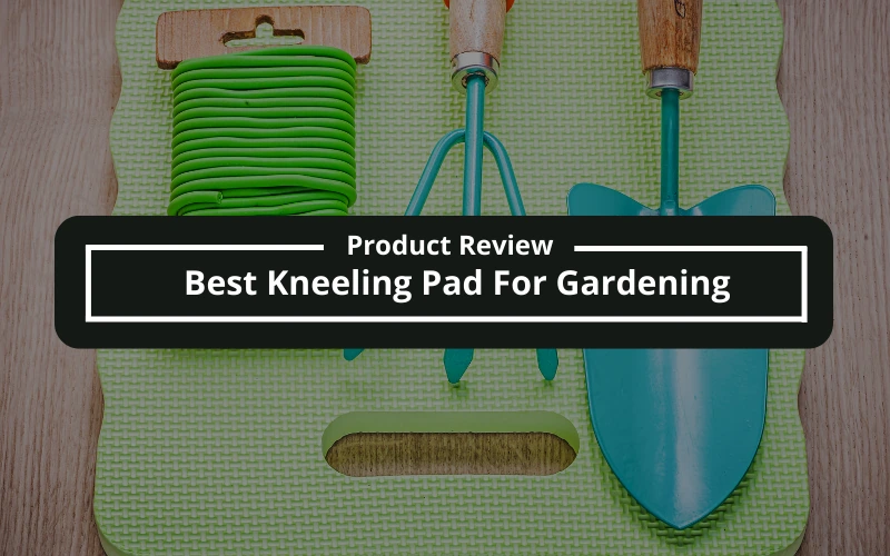 Green gardening kneeling pad with hand tools and the text Best Kneeling Pad For Gardening.