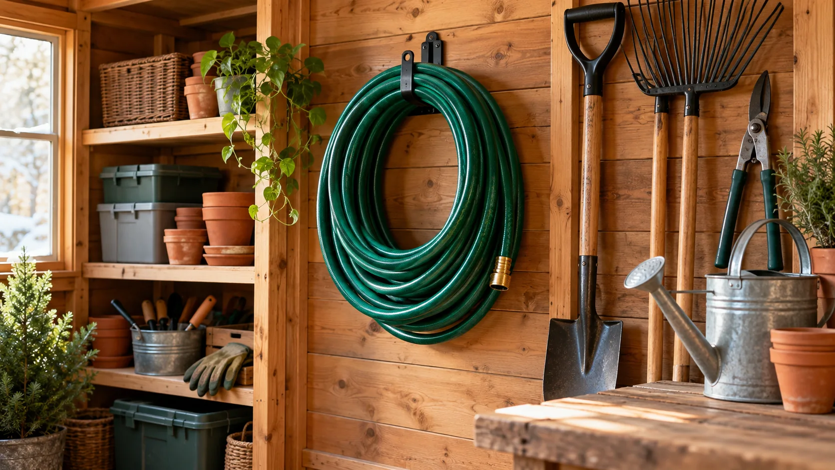 Garden hose neatly coiled and stored inside a dry garden shed