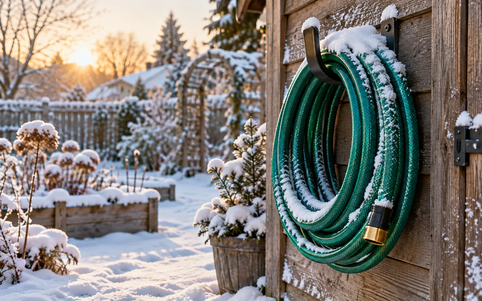 How to store a garden hose for winter: a garden hose left outside in the snow